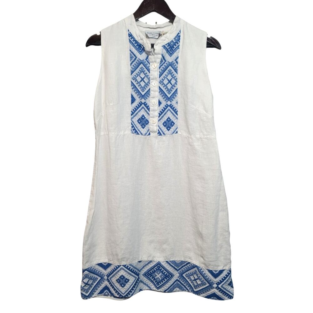 Harris Cotton Embroidered A-Line Linen Dress White Blue Pattern Medium NWT